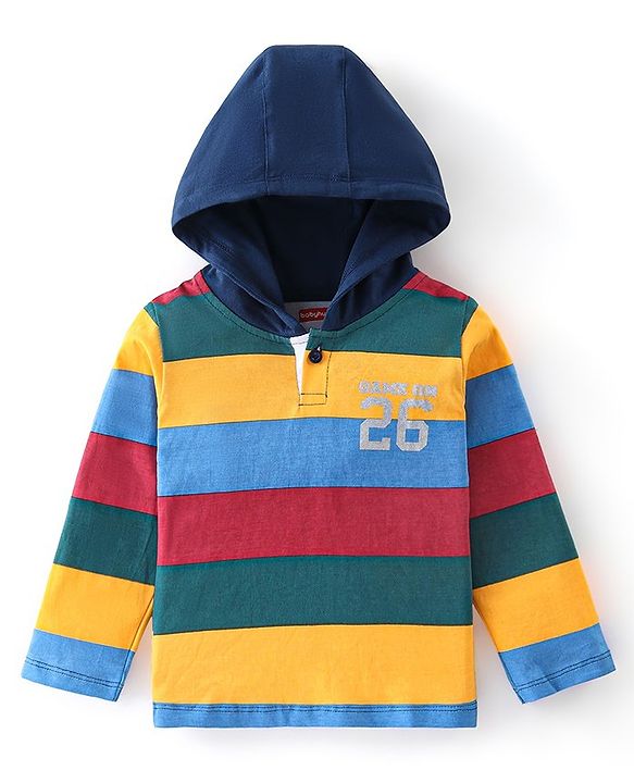 Babyhug 100% Cotton Knit Full Sleeves T-Shirt with Stripes & Hood - Multicolor