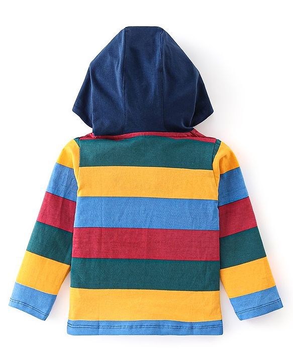 Babyhug 100% Cotton Knit Full Sleeves T-Shirt with Stripes & Hood - Multicolor