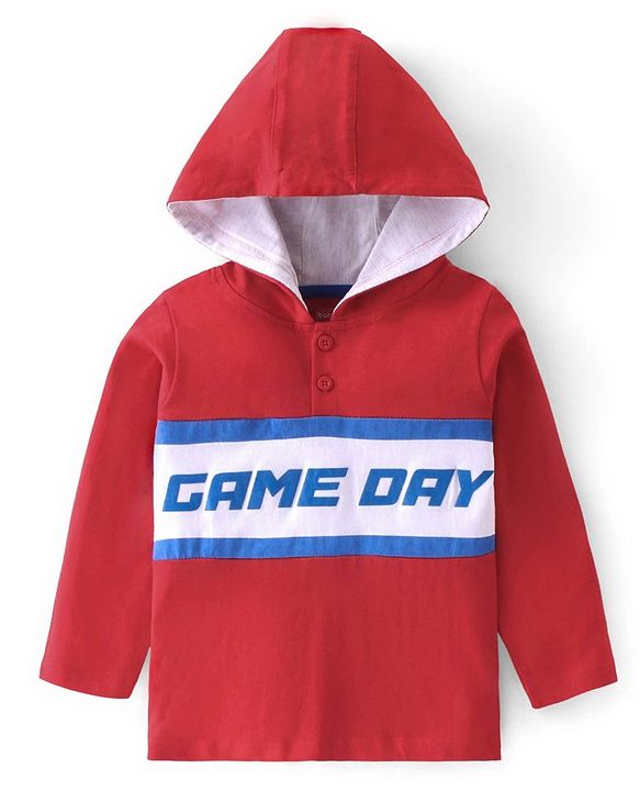 Babyhug 100% Cotton Cut & Sew Full Sleeves T-Shirt with Hood & Text Graphics Print - Red