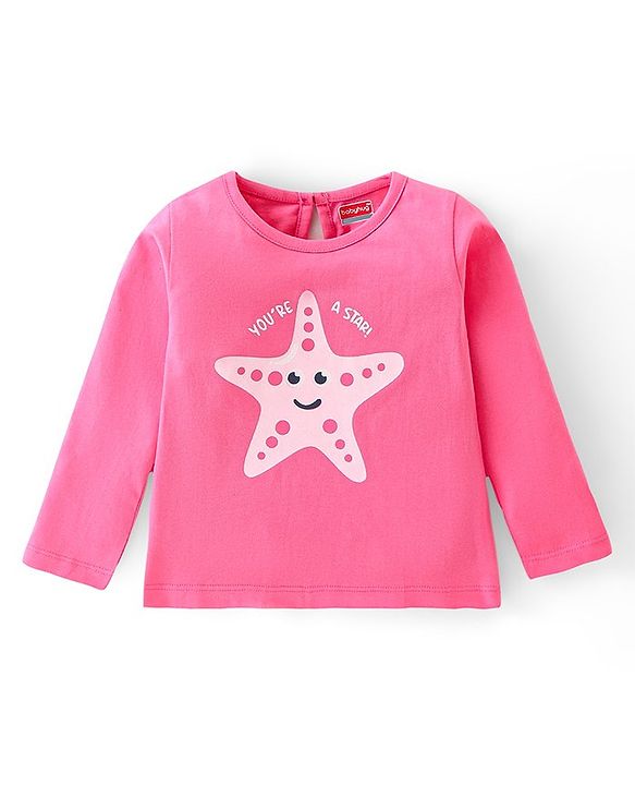 Babyhug Cotton Knit Full Sleeves T-Shirt with Star Graphics Print - Pink