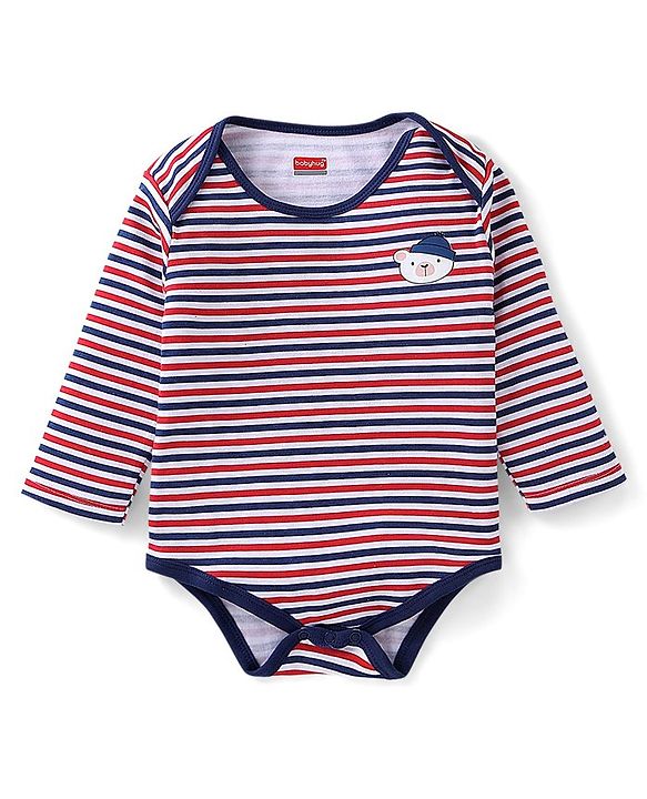 Babyhug 100% Cotton Full Sleeves Striped Onesies Penguin Print Pack of 3 - Red & White