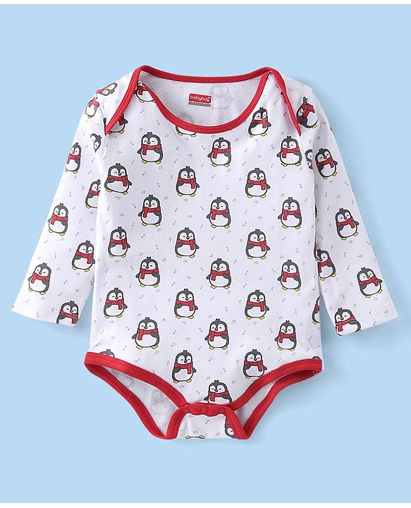 Babyhug 100% Cotton Full Sleeves Striped Onesies Penguin Print Pack of 3 - Red & White