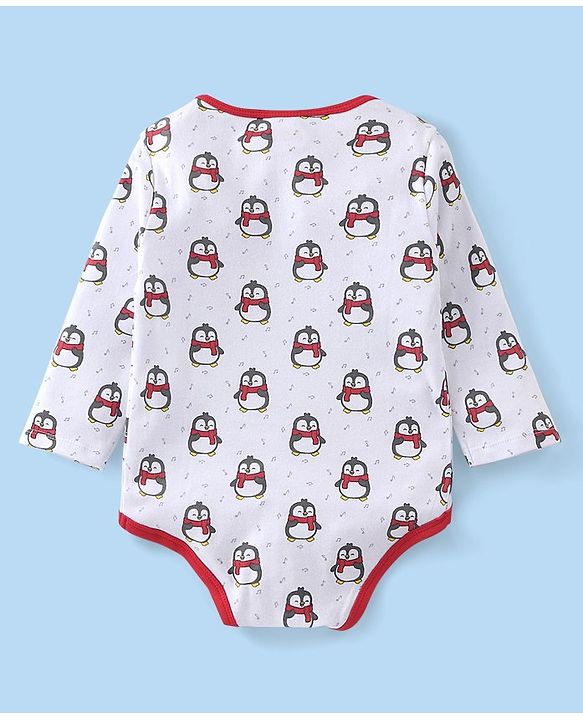 Babyhug 100% Cotton Full Sleeves Striped Onesies Penguin Print Pack of 3 - Red & White