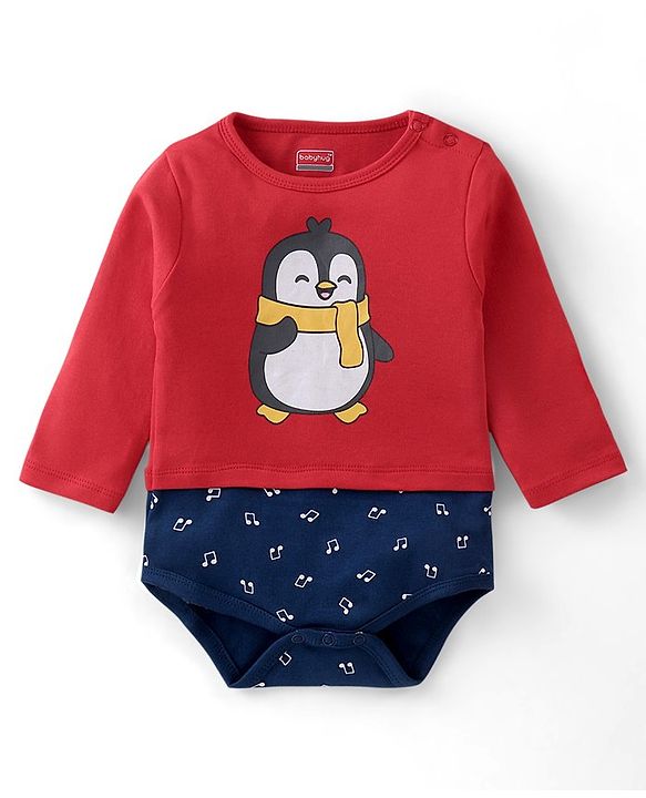 Babyhug 100% Cotton Full Sleeves Striped Onesies Penguin Print Pack of 3 - Red & White