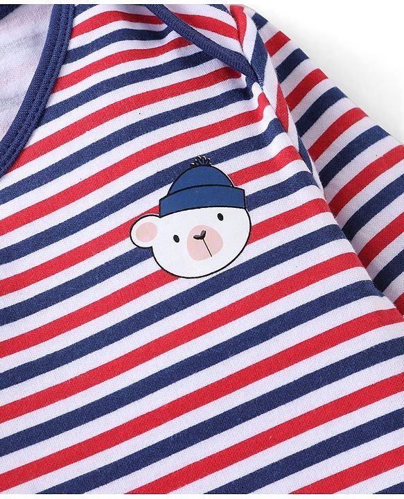 Babyhug 100% Cotton Full Sleeves Striped Onesies Penguin Print Pack of 3 - Red & White