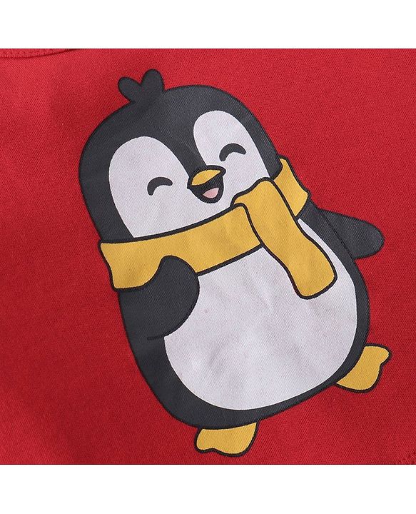 Babyhug 100% Cotton Full Sleeves Striped Onesies Penguin Print Pack of 3 - Red & White