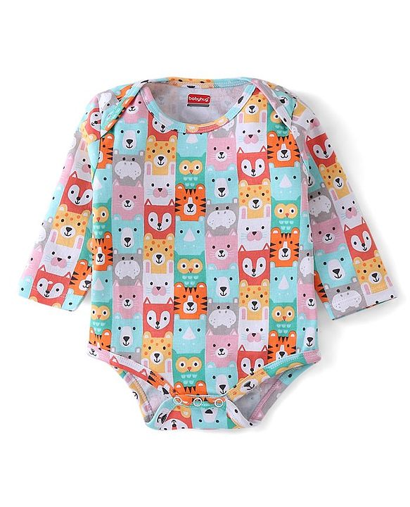Babyhug 100% Cotton Knit Full Sleeves Onesie with Bib Lion Print - Multicolour