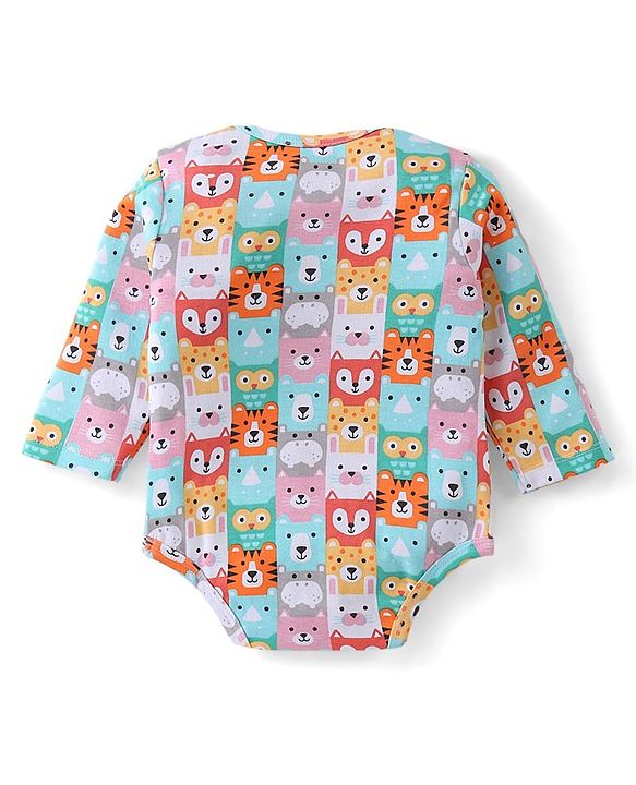Babyhug 100% Cotton Knit Full Sleeves Onesie with Bib Lion Print - Multicolour