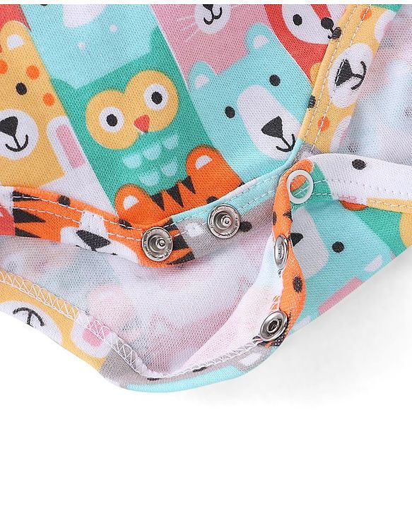 Babyhug 100% Cotton Knit Full Sleeves Onesie with Bib Lion Print - Multicolour