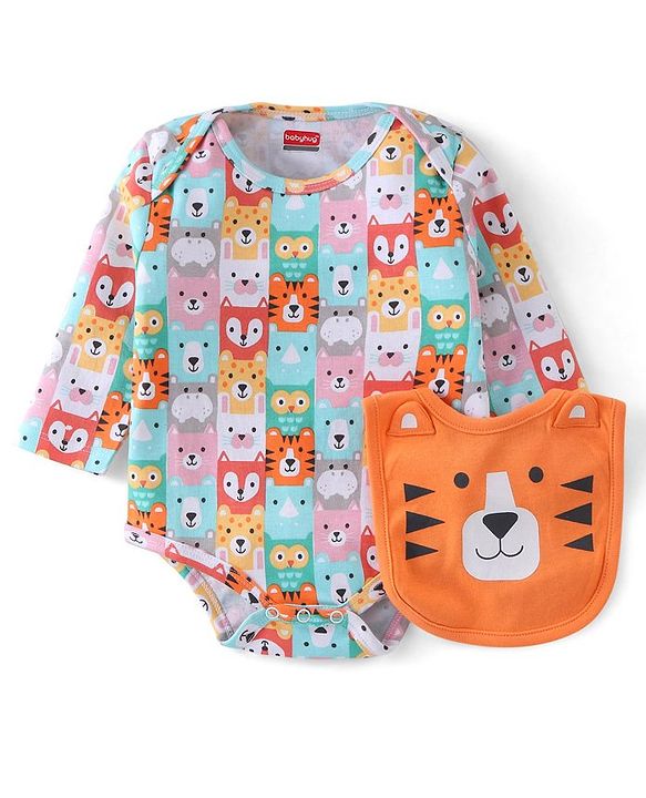 Babyhug 100% Cotton Knit Full Sleeves Onesie with Bib Lion Print - Multicolour