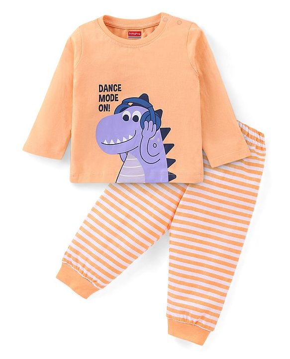 Babyhug Single Jersey Full Sleeves Night Suit with Dino Print - Orange