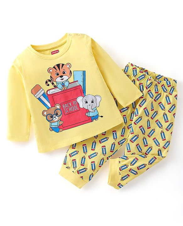 Babyhug Single Jersey Cotton Knit Full Sleeves Night Suit Animal Print - Yellow