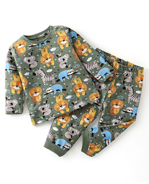 Babyhug Single Jersey Cotton Knit Full Sleeves Night Suit Animal Print - Green