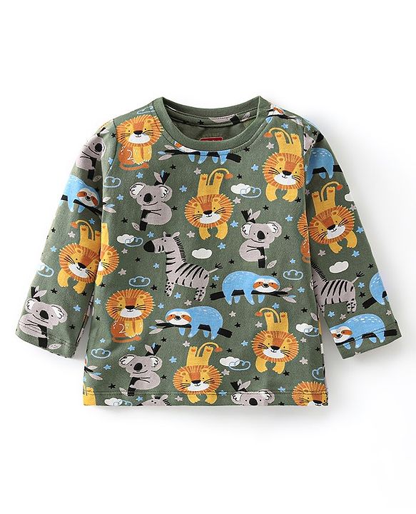 Babyhug Single Jersey Cotton Knit Full Sleeves Night Suit Animal Print - Green
