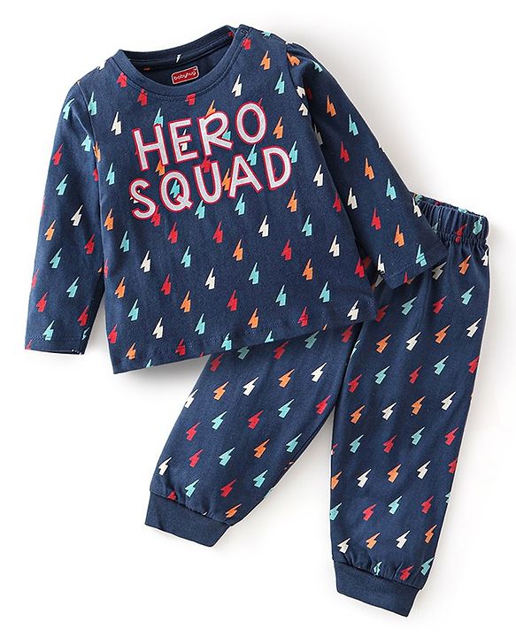 Babyhug Single Jersey Cotton Knit Full Sleeves Night Suit Thunder Bolt Print - Navy Blue