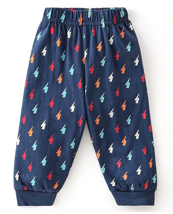 Babyhug Single Jersey Cotton Knit Full Sleeves Night Suit Thunder Bolt Print - Navy Blue