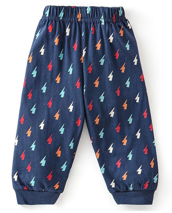 Babyhug Single Jersey Cotton Knit Full Sleeves Night Suit Thunder Bolt Print - Navy Blue