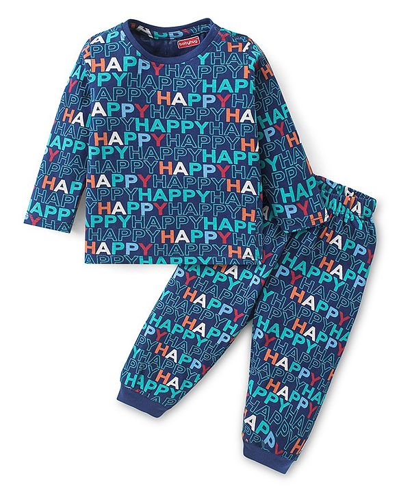 Babyhug Cotton Knit Full Sleeves Night Suit With Text Print - Navy Blue
