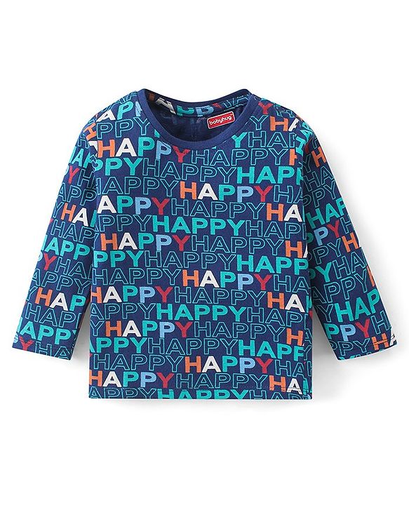 Babyhug Cotton Knit Full Sleeves Night Suit With Text Print - Navy Blue