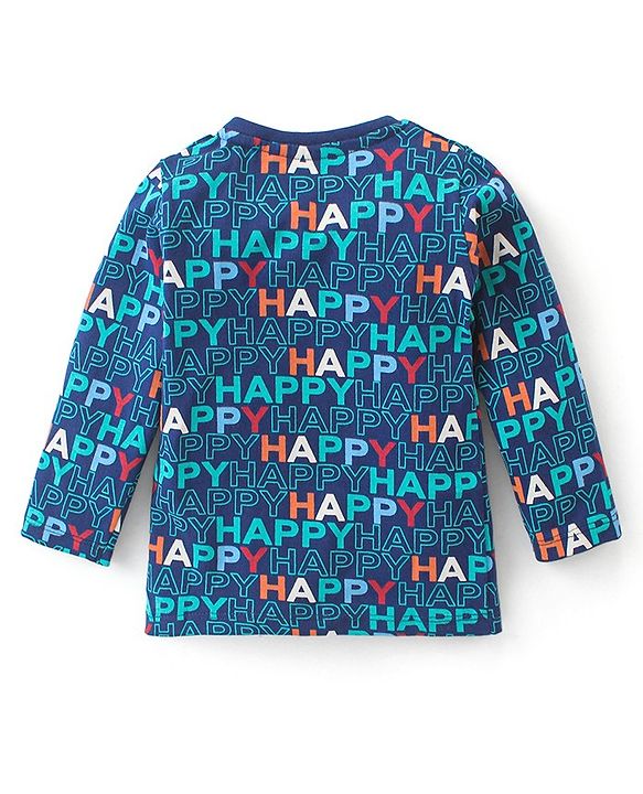 Babyhug Cotton Knit Full Sleeves Night Suit With Text Print - Navy Blue