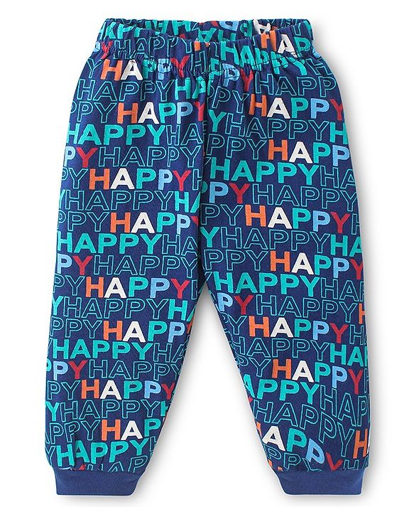 Babyhug Cotton Knit Full Sleeves Night Suit With Text Print - Navy Blue