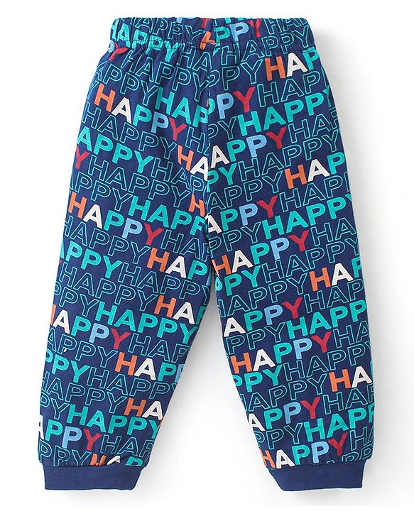 Babyhug Cotton Knit Full Sleeves Night Suit With Text Print - Navy Blue