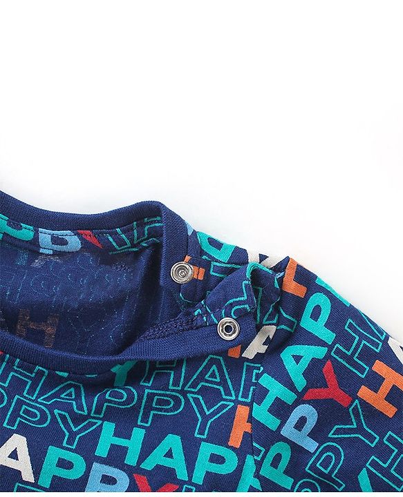 Babyhug Cotton Knit Full Sleeves Night Suit With Text Print - Navy Blue