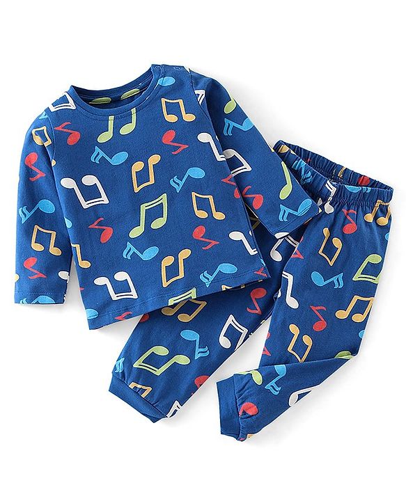 Babyhug Cotton Knit Full Sleeves Musical Notes Printed Night Suit - Blue