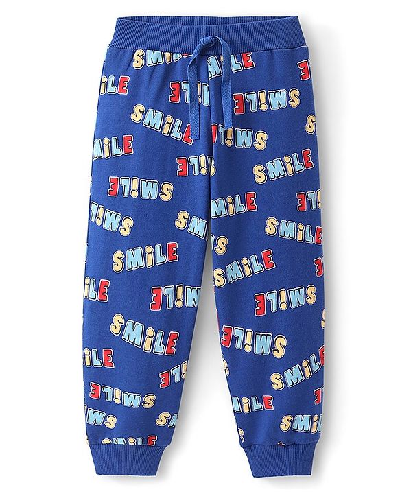 Babyhug Cotton Knit Full Length Lounge Pant Text Printed - Navy Blue