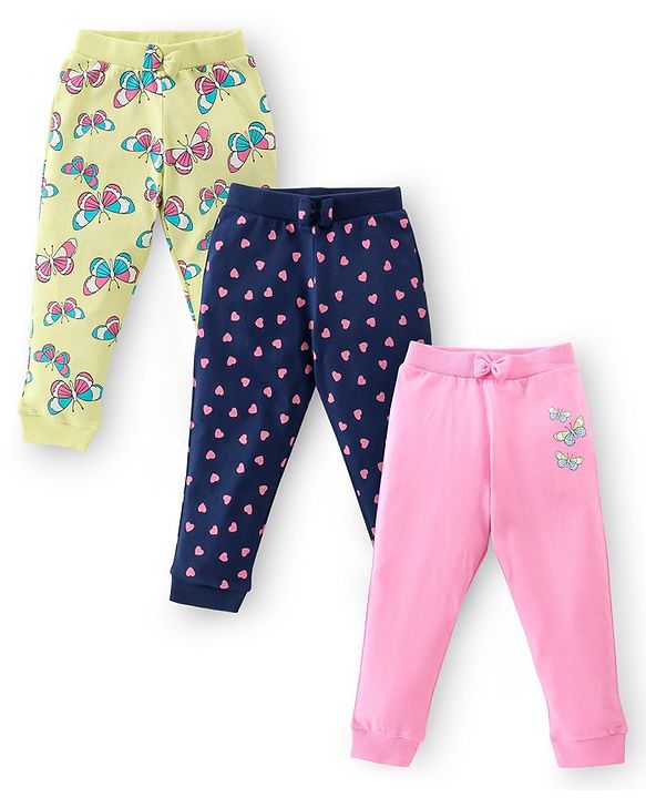 Babyhug Cotton Lycra Knit Full Length Leggings with Stretch & Butterfly & Heart Printed Pack of 3 - Pink Blue & Yellow
