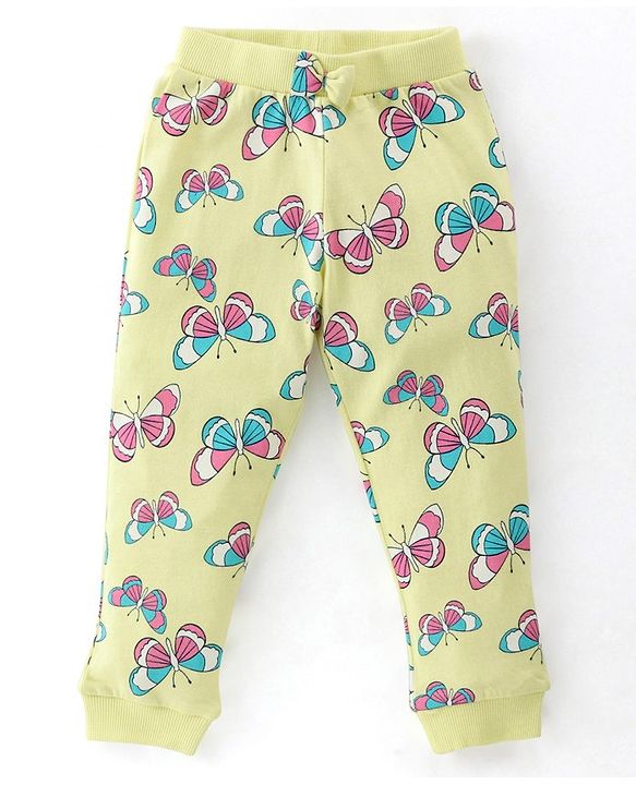 Babyhug Cotton Lycra Knit Full Length Leggings with Stretch & Butterfly & Heart Printed Pack of 3 - Pink Blue & Yellow