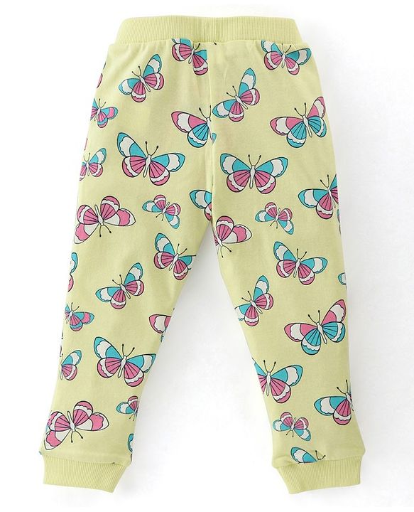 Babyhug Cotton Lycra Knit Full Length Leggings with Stretch & Butterfly & Heart Printed Pack of 3 - Pink Blue & Yellow
