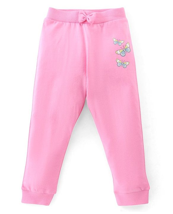 Babyhug Cotton Lycra Knit Full Length Leggings with Stretch & Butterfly & Heart Printed Pack of 3 - Pink Blue & Yellow