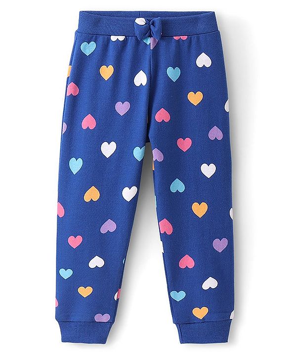 Babyhug Cotton Looper Knit Full Length Lounge Pant with Bow Applique & Heart Print - Navy Blue