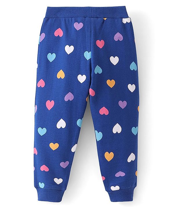 Babyhug Cotton Looper Knit Full Length Lounge Pant with Bow Applique & Heart Print - Navy Blue