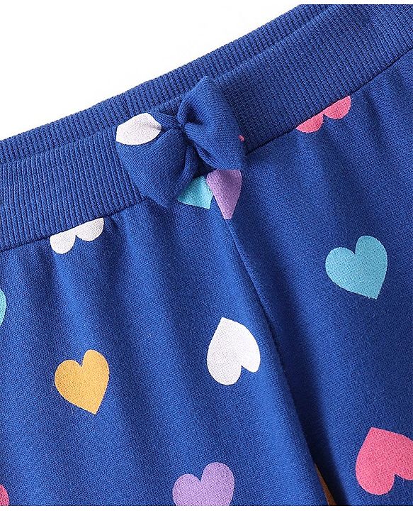 Babyhug Cotton Looper Knit Full Length Lounge Pant with Bow Applique & Heart Print - Navy Blue