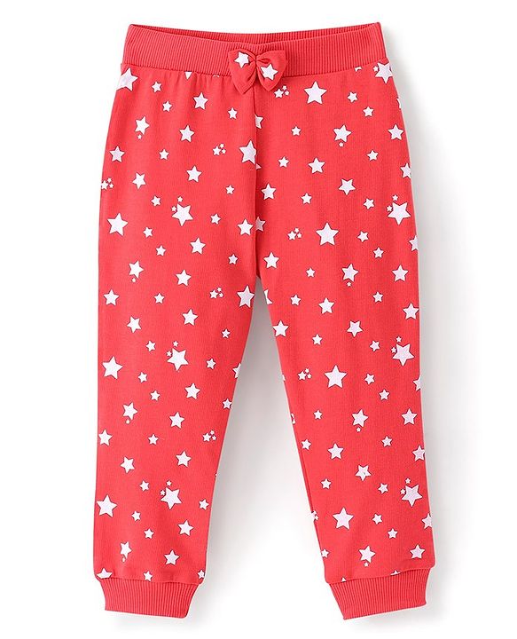 Babyhug Cotton Looper Knit Lounge with Bow Applique Star Print - Maroon