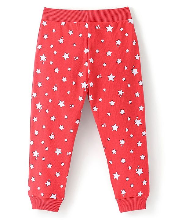 Babyhug Cotton Looper Knit Lounge with Bow Applique Star Print - Maroon