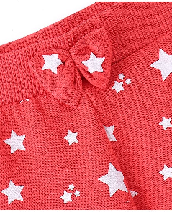 Babyhug Cotton Looper Knit Lounge with Bow Applique Star Print - Maroon