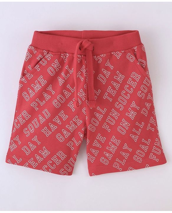 Babyhug Cotton Looper Knit Text Print Shorts - Red