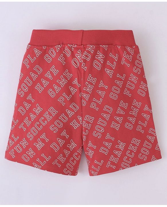 Babyhug Cotton Looper Knit Text Print Shorts - Red