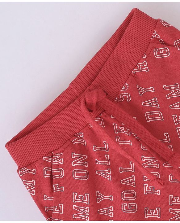 Babyhug Cotton Looper Knit Text Print Shorts - Red
