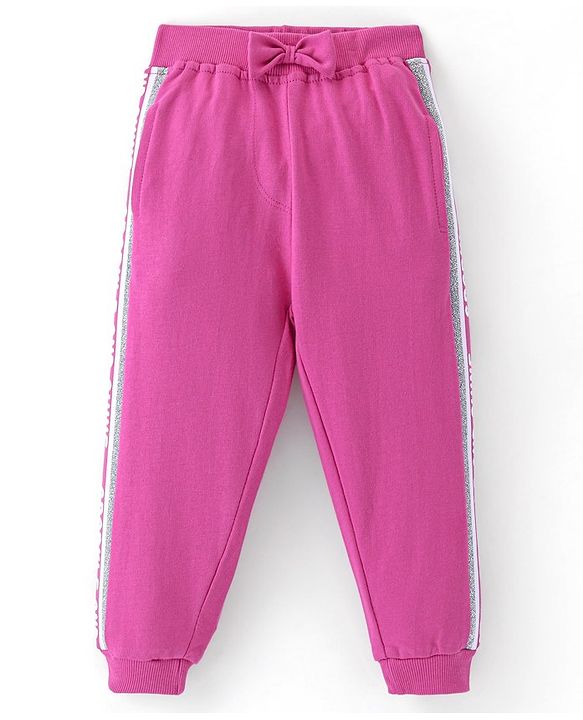 Babyhug Cotton Looper Knit Full Length Solid Colour Lounge Pant with Bow Applique - Fuschia