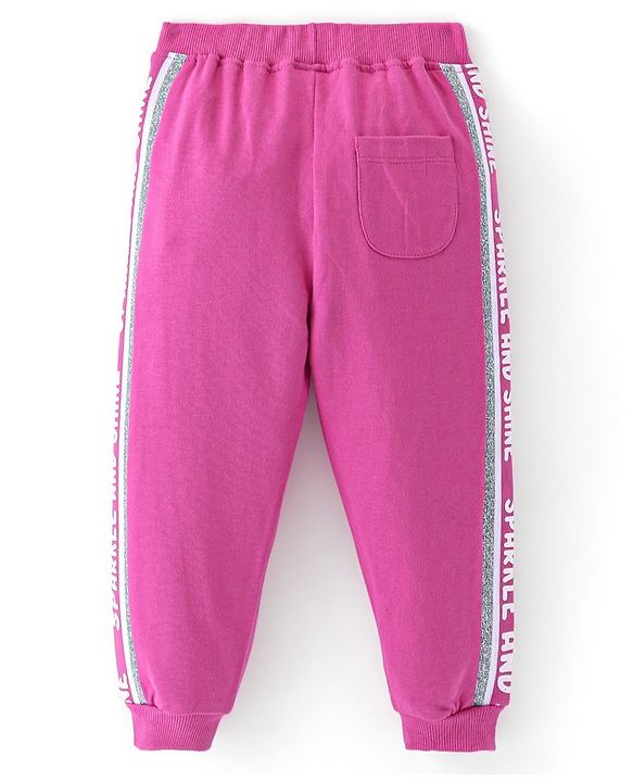 Babyhug Cotton Looper Knit Full Length Solid Colour Lounge Pant with Bow Applique - Fuschia