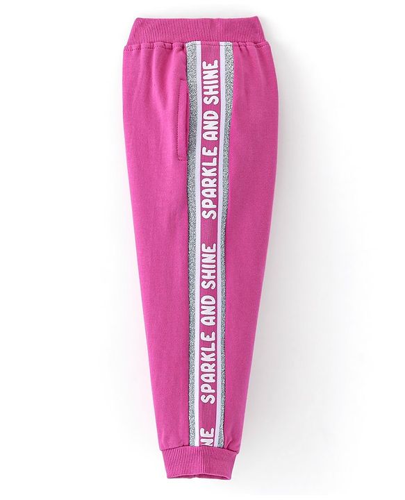 Babyhug Cotton Looper Knit Full Length Solid Colour Lounge Pant with Bow Applique - Fuschia