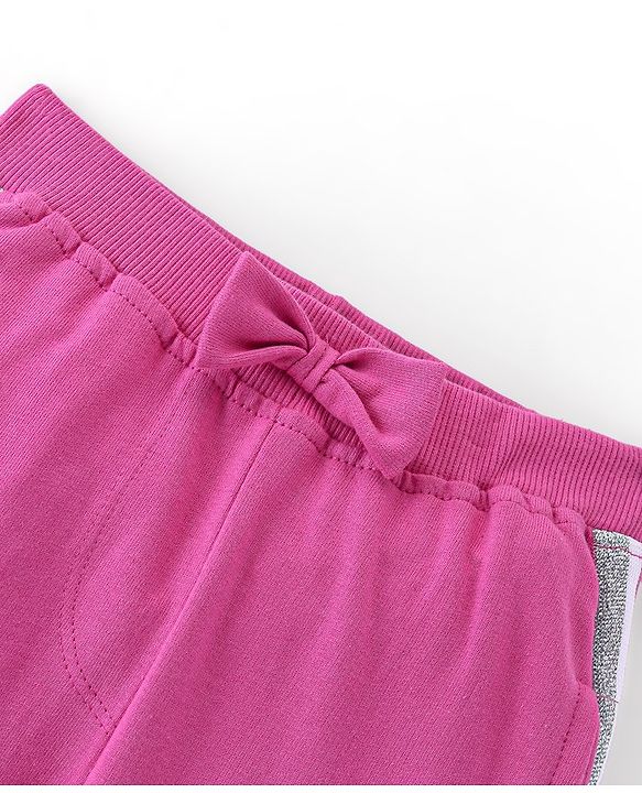 Babyhug Cotton Looper Knit Full Length Solid Colour Lounge Pant with Bow Applique - Fuschia