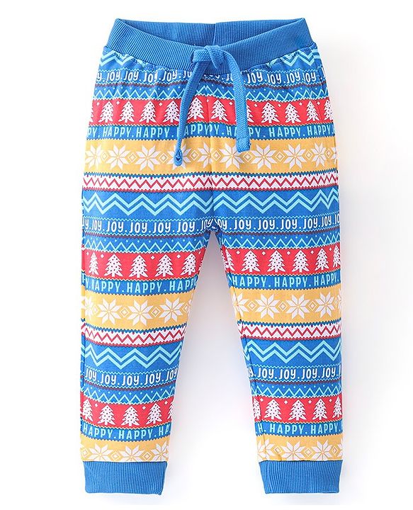 Babyhug Cotton Looper Knit Full Length Lounge Pant Christmas Theme Print - Yellow & Blue