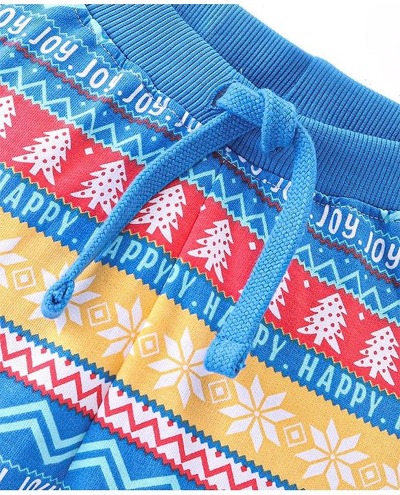 Babyhug Cotton Looper Knit Full Length Lounge Pant Christmas Theme Print - Yellow & Blue