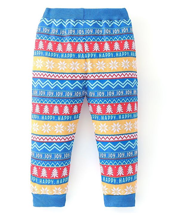 Babyhug Cotton Looper Knit Full Length Lounge Pant Christmas Theme Print - Yellow & Blue