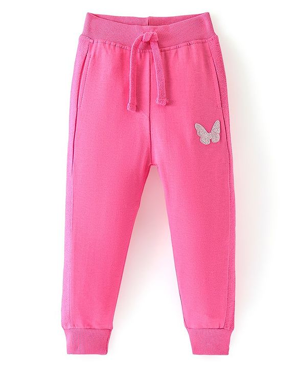 Babyhug Cotton Looper Knit Full Length Glittery Butterfly Detailing Lounge Pant - Pink